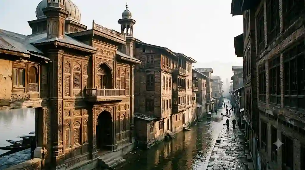 Activities to Do in Srinagar: What to Do, When to Go and Who It Suits 6 Ornate, multi-story wooden and brick buildings line a narrow canal in an old city, with a boat in the water.