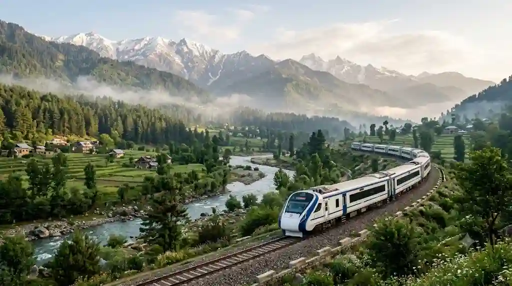 How to reach Kashmir by train: passenger train in a green valley with snow-capped mountains