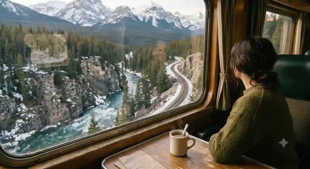 Window view of snow-capped mountains and a river gorge from a train
