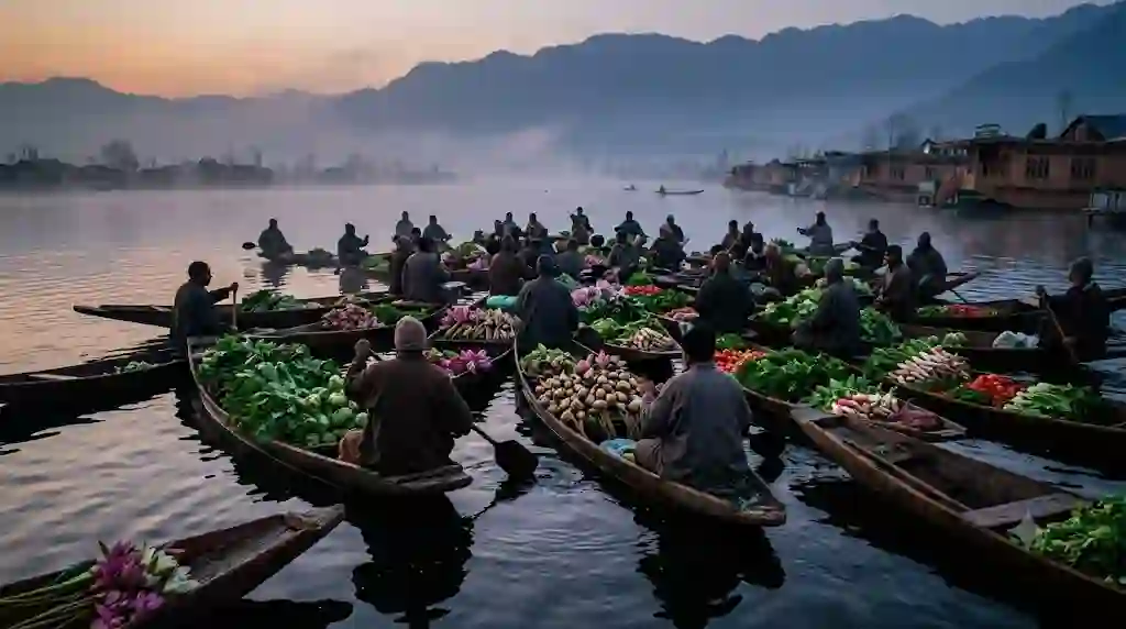 Activities to Do in Srinagar: What to Do, When to Go and Who It Suits 3 A busy water market is crowded with vendors in traditional wooden boats laden with green vegetables on a calm lake with misty mountains in the background.