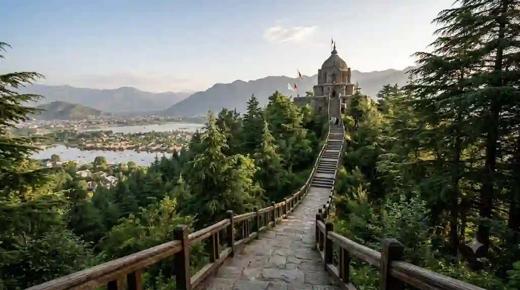 Activities to Do in Srinagar: What to Do, When to Go and Who It Suits 5 A long, winding stone path with wooden railings leads up a densely forested hill towards a traditional stone temple under a clear sky.